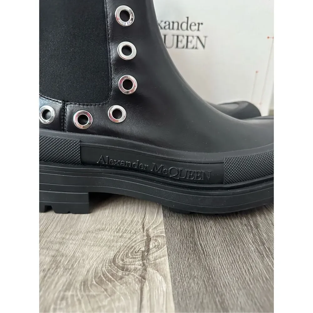 Alexander McQueen Leather Grommet Eyelet Detailed Chelsea Boots US 12 $1150